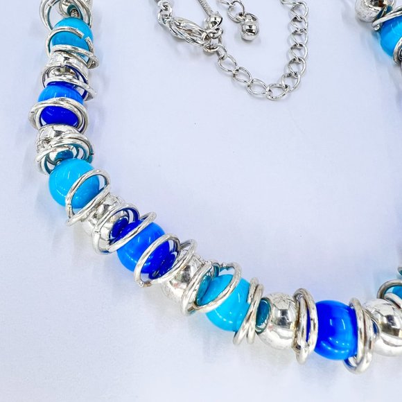 NWOT - Blue & Turquoise Cats Eye Beaded Shiny Silver Tone 16” Necklace - Picture 4 of 6